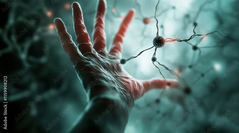 Poster close up of hand reaching out towards neural connections, symbolizing interaction between humanity a