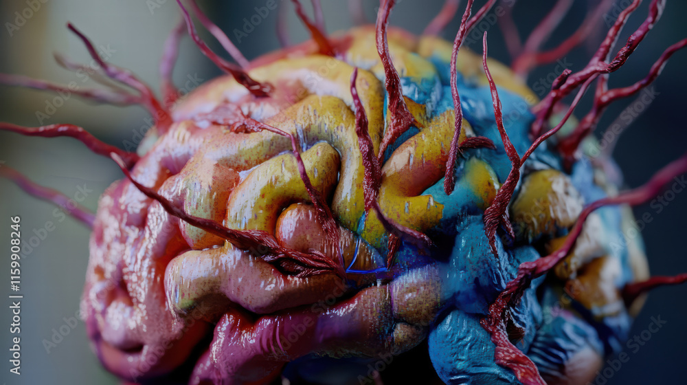 Poster close up of colorful human brain with artistic neural links, showcasing vibrant textures and intrica