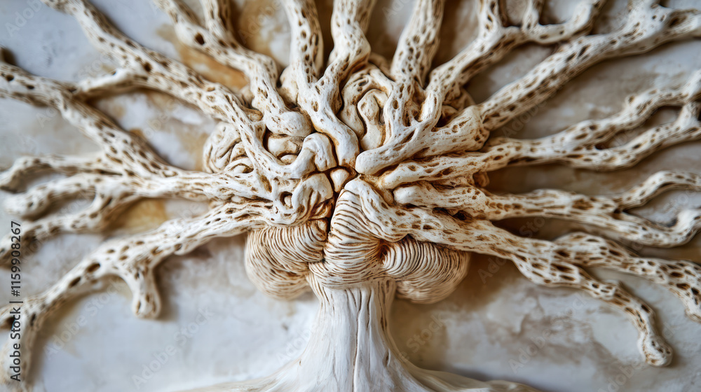 Poster detailed close up of intricate sculpture resembling tree with branching roots and textured bark, sho