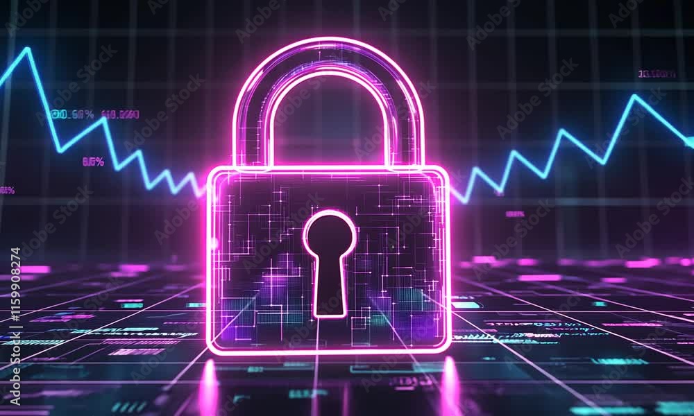 Poster a glowing digital padlock symbolizing cybersecurity and data protection.