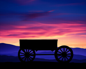Fototapeta premium Silhouette of a vintage wagon against a vibrant sunset over a mountain range. Perfect for western, historical, or travel themes.