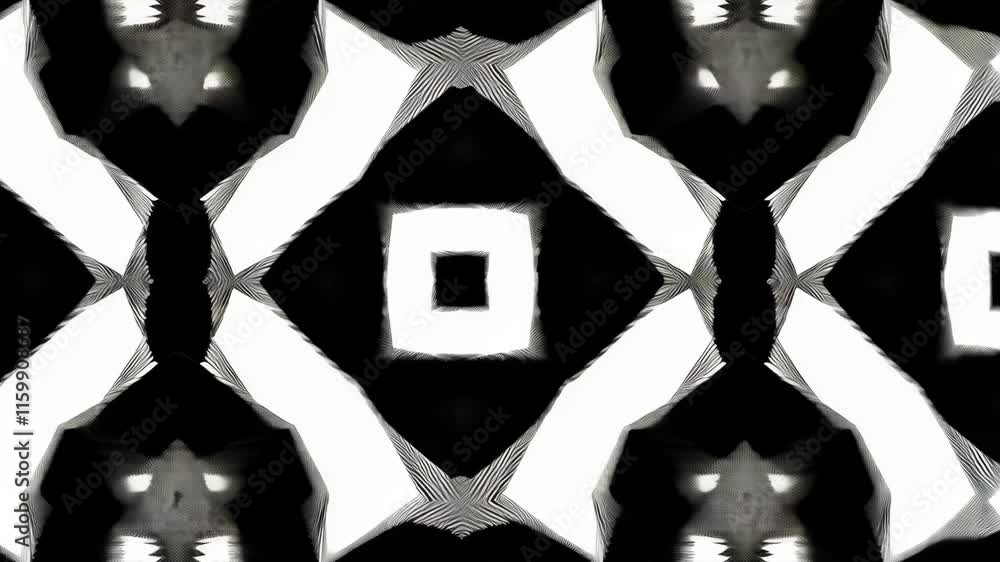 Poster abstract black and white geometric pattern featuring symmetrical shapes and intricate designs