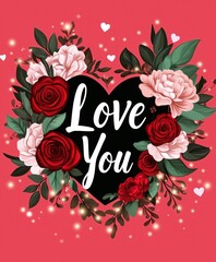Love You Card with Roses and Sparkles on Red Background