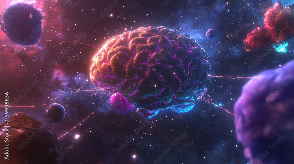 Aufkleber cosmic brain floating in space surrounded by colorful stars and planets, representing vastness of un