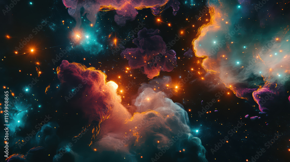 Poster cosmic scene featuring vibrant stars and galaxies interconnected by colorful clouds, creating mesmer
