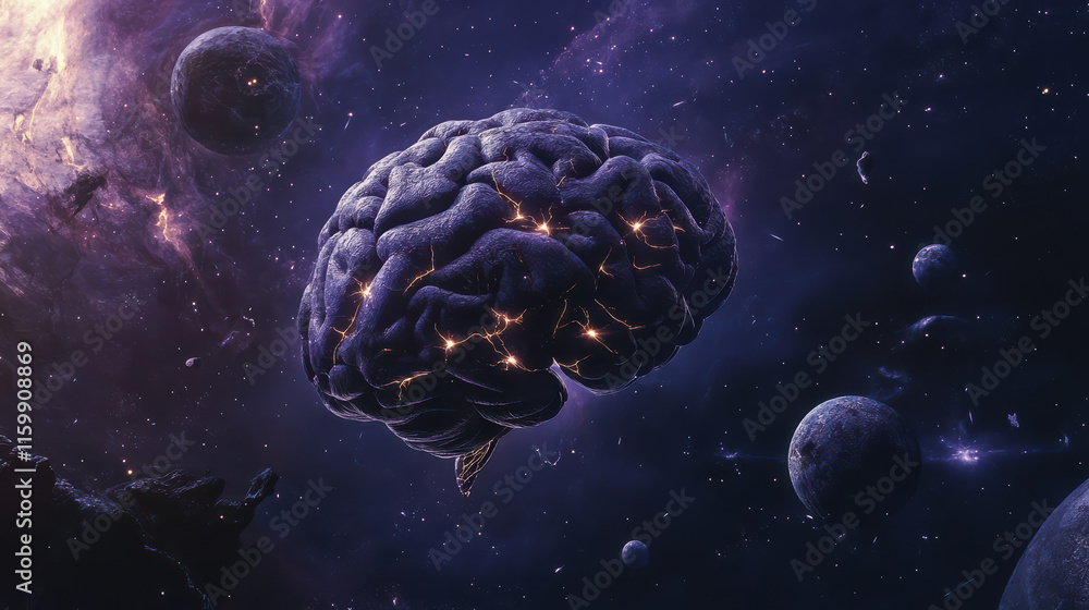 Poster cosmic brain floating in space surrounded by stars and planets evokes sense of wonder and mystery. t