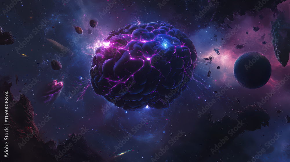 Poster cosmic brain floating in space surrounded by stars, planets, and asteroids creates mesmerizing scene