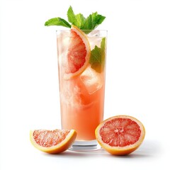 Zesty grapefruit juice in a tall glass. Featuring grapefruit wedges and mint