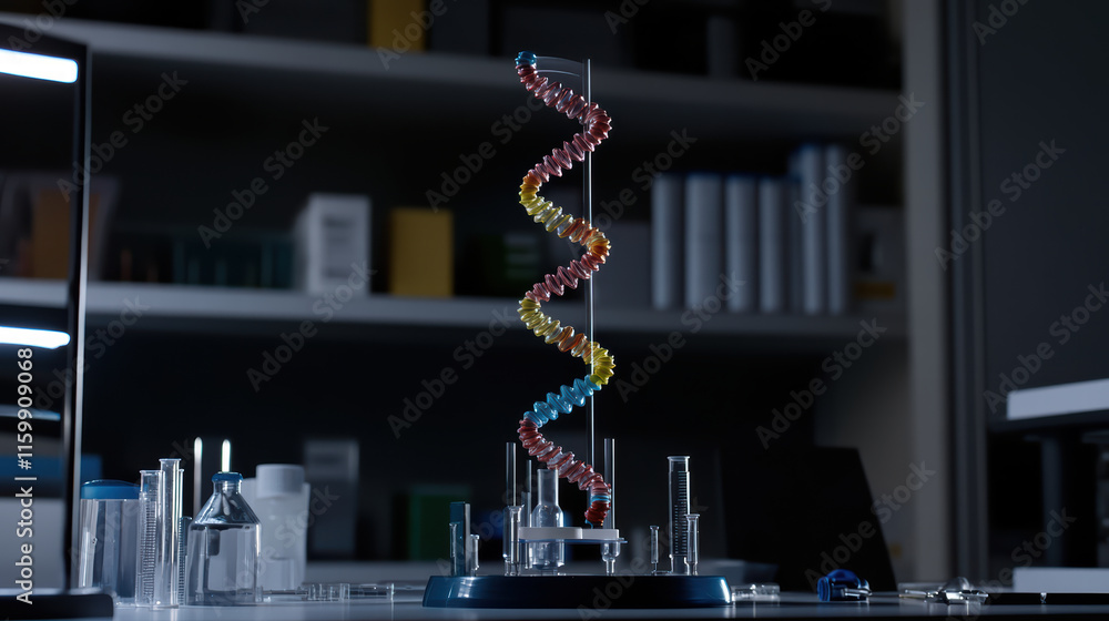 Poster detailed view of colorful dna model displayed in laboratory setting, showcasing intricate structure 