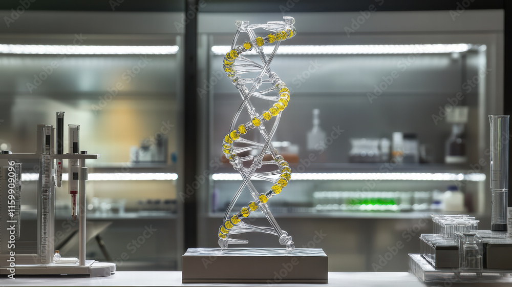 Poster detailed view of dna model displayed in laboratory, showcasing its intricate structure and vibrant c