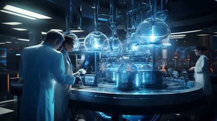 Engineers in Lab Coats Test Machinery and Conduct Experiments in High-Tech Laboratory.
