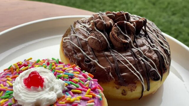 close-up of two donuts topped with delicious meses served on a white plate