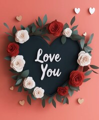 Blackboard heart-shaped floral wreath with 'Love You' text on coral background