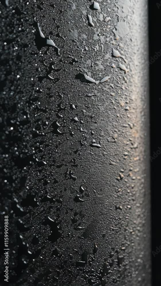 Poster close-up of a textured surface with water droplets reflecting light in a dark setting