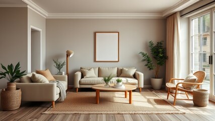 Scandinavian Living Room Poster Mockup - A1 Oak Frame, Beige Sofa, Jute Rug, Greenery Accents