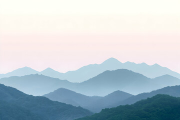 Serene landscape photograph showcasing layers of misty blue mountains under a soft, pale sky. Ideal for tranquility, nature, and serenity themes.