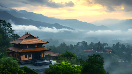Obraz premium Serene Mountain Temple Landscape at Sunrise in Asian Countryside : Generative AI