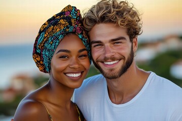 A joyful couple smiling together outdoors during sunset.