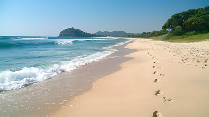 Tranquil beach scene with footprints in the sand, clear blue water, and distant hills under a sunny sky.