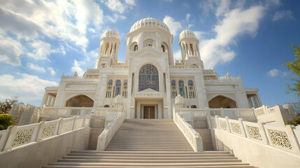 Magnificent White Mosque with Majestic Domes and Intricate Architectural Details : Generative AI