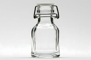 A clear glass bottle with a white ceramic lid and a metal swing-top closure, ideal for storing various liquids or dry goods.  Perfect for product photography or lifestyle shots.