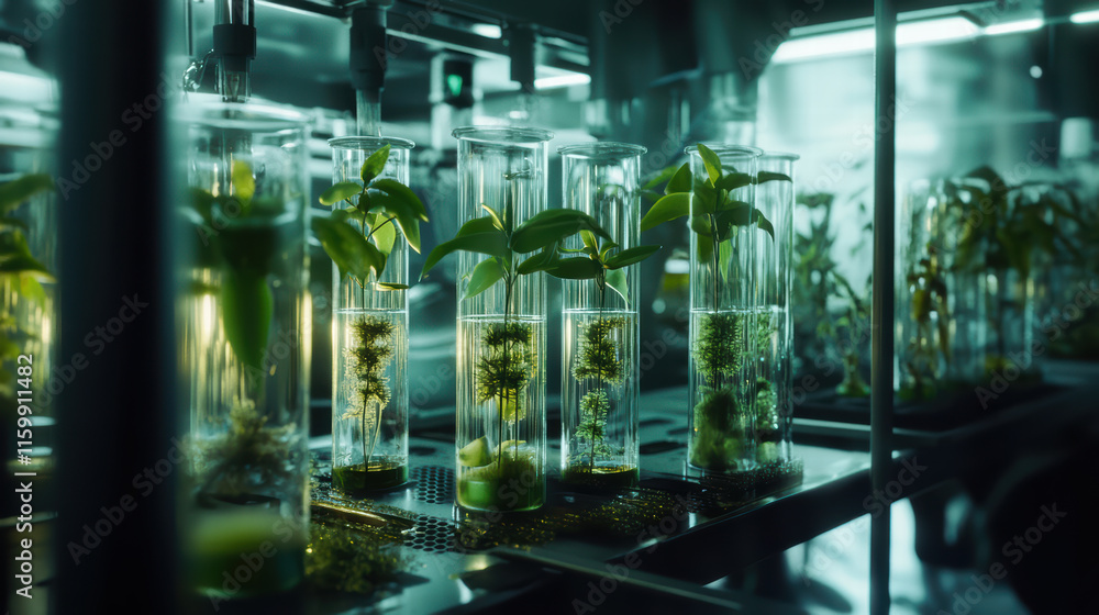 Poster laboratory scene showcasing intricate plant structures in glass containers, illuminated by soft gree