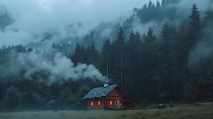 Cozy cabin nestled in misty mountain forest at dusk, smoke rising from chimney.