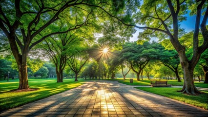 Obraz premium Captivating View of a Wide Square Floor Surrounded by Lush Green Trees in a Natural Park, Ideal for Candid Photography and Nature Exploration