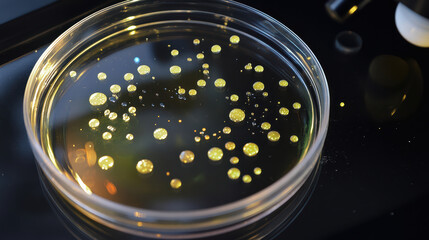 Petri dish with cultured cells displaying vibrant yellow colonies under microscope, showcasing biological growth and research in laboratory setting