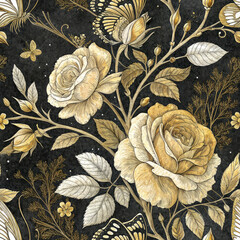 Golden Rose Floral Seamless Pattern, Fabric texture and Textile pattern on Black Background