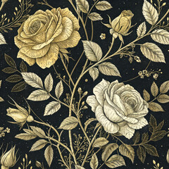 Golden Rose Floral Seamless Pattern, Fabric texture and Textile pattern on Black Background