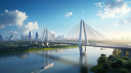 Obraz premium An iconic steel cable-stayed bridge over a river, bright blue sky and clouds, busy river with boats passing below, sleek and modern design, urban city skyline in the distance 