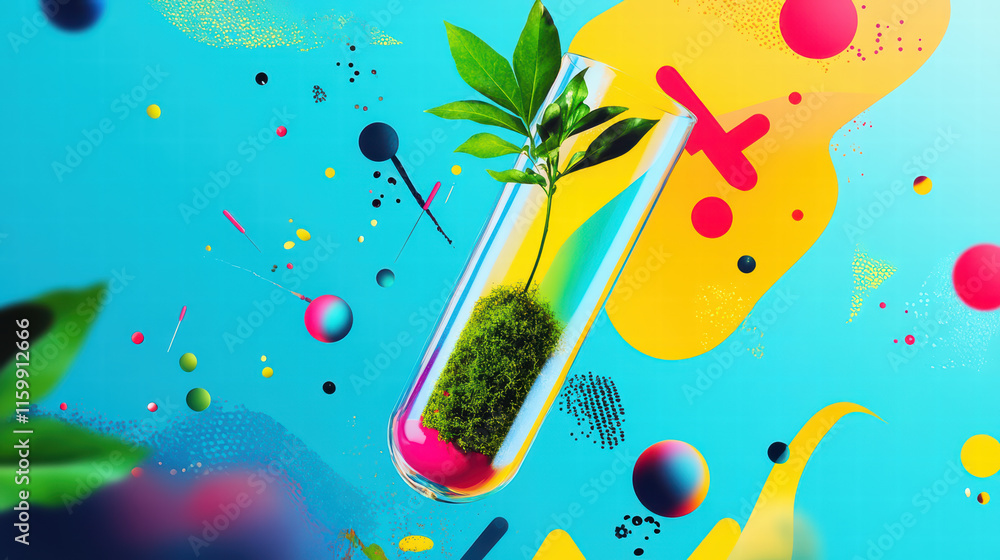 Poster vibrant image of test tube containing moss sapling, surrounded by colorful abstract shapes and patte