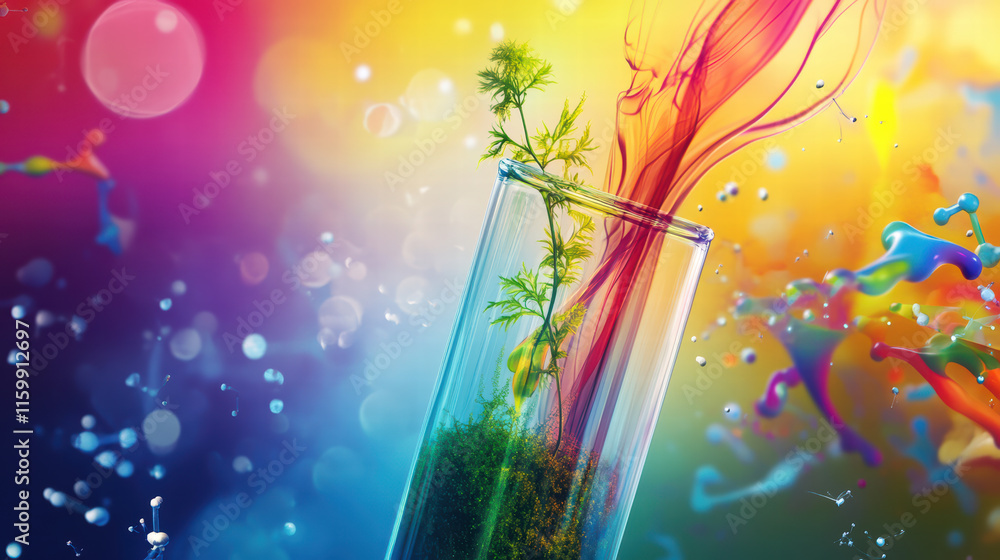 Aufkleber vibrant image of test tube containing moss sapling, surrounded by colorful liquid swirls and splashe