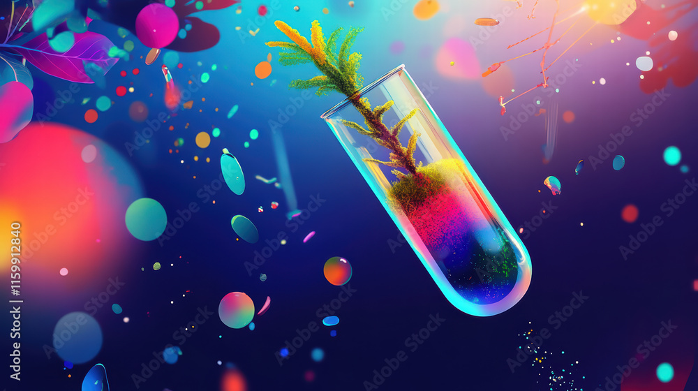 Aufkleber vibrant image of test tube containing moss sapling, surrounded by colorful bubbles and abstract shap
