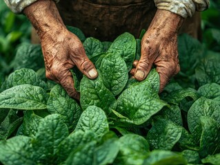 Hands Harvesting Fresh Spinach from Garden
