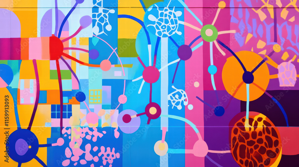 Poster vibrant mural depicting community connected by neural networks, showcasing colorful patterns and abs