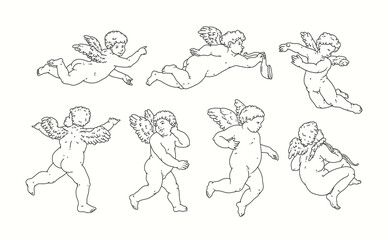 Cherub outlines and line art for Valentine's Day with cupid vector. Vector symbol of love and romantic. Antique Angel Baby Cupid illustration for printing on cards, invitations, tattoo, clothing art