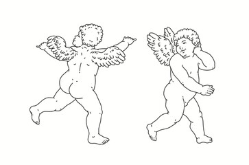 Cherub outlines and line art for Valentine's Day with cupid vector. Vector symbol of love and romantic. Antique Angel Baby Cupid illustration for printing on cards, invitations, tattoo, clothing art