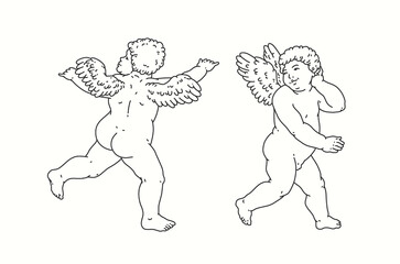 Cherub outlines and line art for Valentine's Day with cupid vector. Vector symbol of love and romantic. Antique Angel Baby Cupid illustration for printing on cards, invitations, tattoo, clothing art