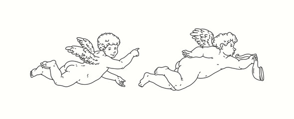 Cherub outlines and line art for Valentine's Day with cupid vector. Vector symbol of love and romantic. Antique Angel Baby Cupid illustration for printing on cards, invitations, tattoo, clothing art