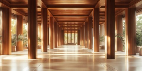 Sunlight streams through wooden pillars in a spacious interior designed for tranquility and reflection.