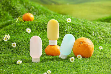 Green lawn concept photograph in horizontal frame, was taken from front view. Unlabeled sunscreen tubes featured in center with fresh fruit. Space for design and adding text