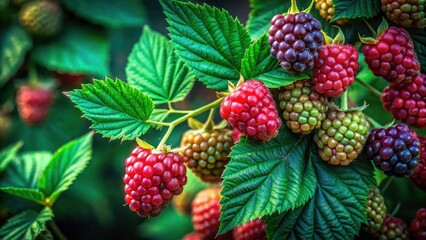 Low Light Photography of Unripe Blackberries with Lush Green Tendrils, Nature's Beauty, Close-Up Shots, Botanical Art, Organic Growth, Natural