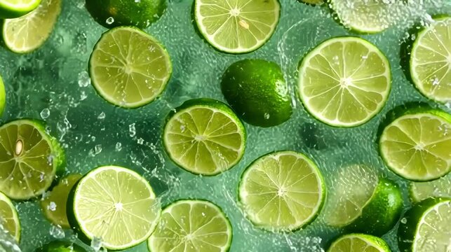 Fresh lime slices creating a vibrant splash in clear water.