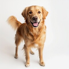 Golden retriever with bright smile and fluffy tail on white background