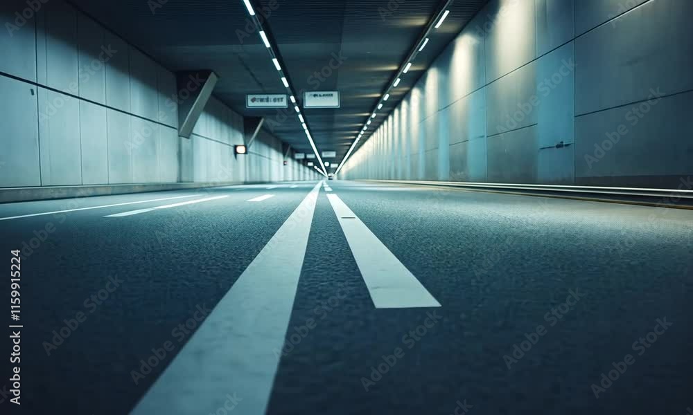 Poster a low-angle view of a tunnel with illuminated walls and road markings.
