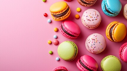 Colorful macaroons arranged on a pastel pink background