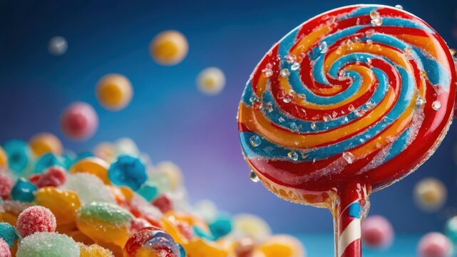A vibrant lollipop surrounded by colorful candies, evoking a sense of fun and sweetness.