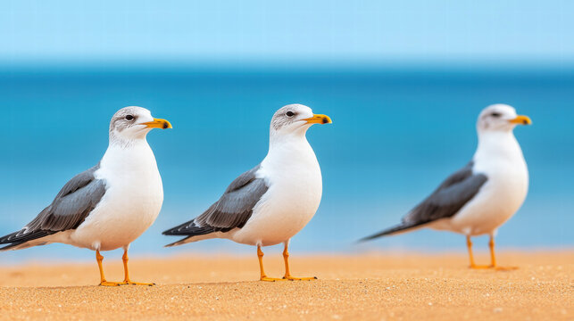 Environmental consideration. Three seagulls standing on a sandy beach by the ocean.